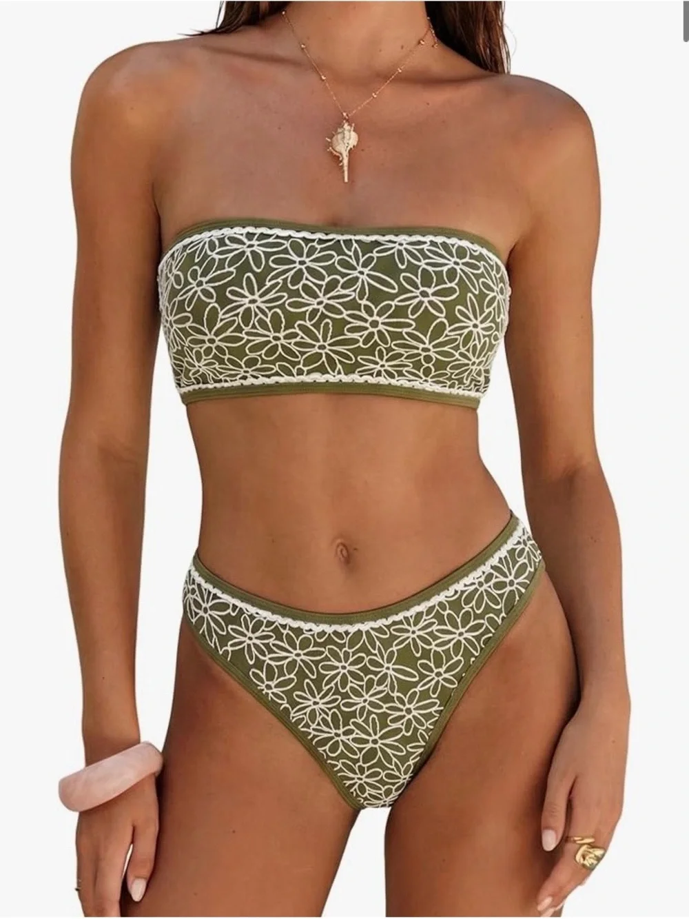 Zaful Olive & White Floral Bandeau Bikini Set